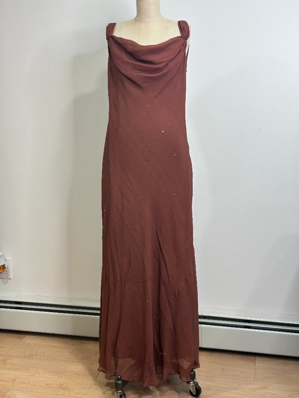 Vintage Clifford Michael Brown Cowl Neck Sequined Maxi Dress Evening Gown